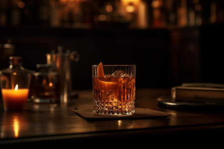 Cozy, dimly lit bar with rich, wood-paneled walls and a beautifully crafted Manhattan cocktail resting on the bar. AI generatedの素材