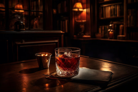 Cozy, dimly lit bar with rich, wood-paneled walls and a beautifully crafted Manhattan cocktail resting on the bar. AI generatedの素材