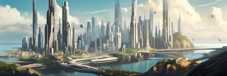AI generated panoramic illustration of a futuristic city in cartoon style with tall buildings and lots of treesの素材