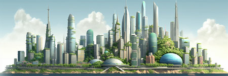 AI generated panoramic illustration of a futuristic city in cartoon style with tall buildings and lots of treesの素材