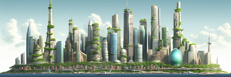 AI generated panoramic illustration of a futuristic city in cartoon style with tall buildings and lots of treesの素材