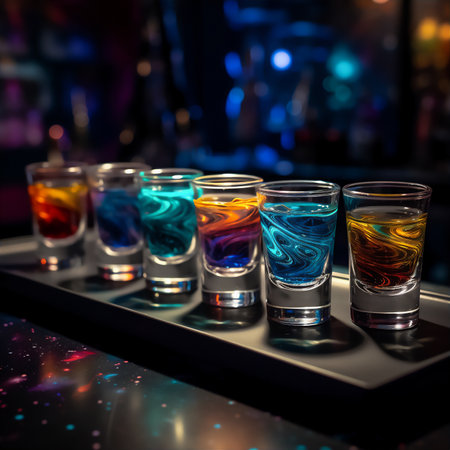 Set of unearthly cocktail shots with colourful turbulent liquor resting on the bar counterの素材