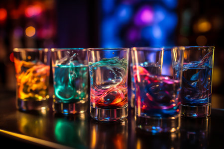 Set of unearthly cocktail shots with colourful turbulent liquor resting on the bar counterの素材