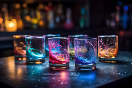 Set of unearthly cocktail shots with colourful turbulent liquor resting on the bar counterの素材
