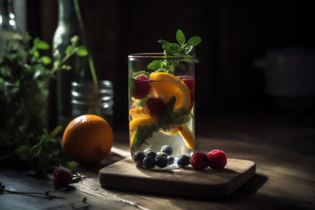 AI generative image of refreshing glass of clear water with fresh berries on the table in dramatic lightの素材