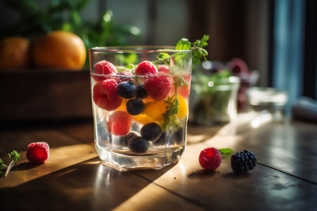 AI generative image of refreshing glass of clear water with fresh berries on the table in dramatic lightの素材