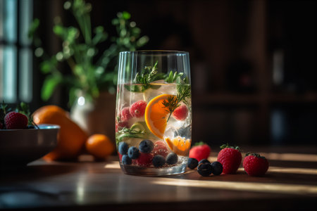 AI generative image of refreshing glass of clear water with fresh berries on the table in dramatic lightの素材