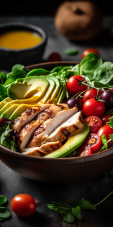 AI generative image of fresh colorful salad with meat, avocado and tomatoesの素材