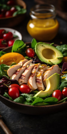 AI generative image of fresh colorful salad with meat, avocado and tomatoesの素材