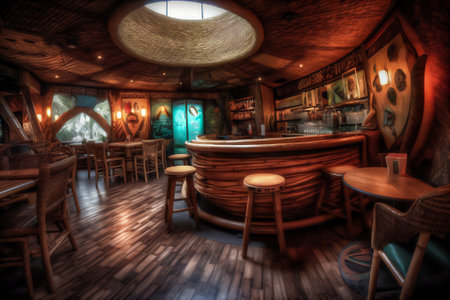 AI generative image of interior of themed Tiki Bar with its polynesian cultureの素材