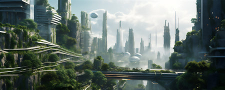 Futuristic cityscape with a lot of trees, floating spacecrafts, clean and streamlined, light white and green, majestic ports. AI generatedの素材