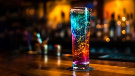 Bright cosmic cocktail in tall glass on bar top, with colorful turbulence, AI generatedの素材