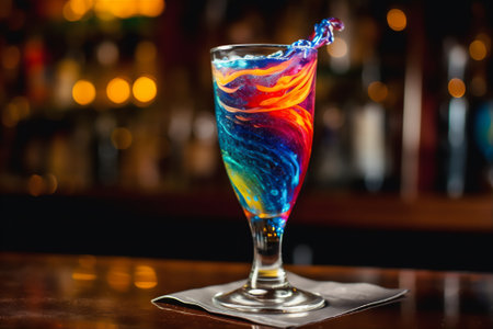 Bright cosmic cocktail in tall glass on bar top, with colorful turbulence, AI generatedの素材