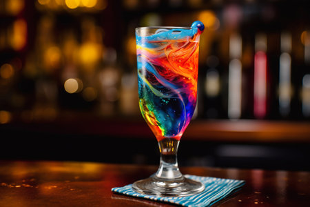 Bright cosmic cocktail in tall glass on bar top, with colorful turbulence, AI generatedの素材