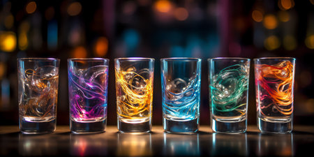 Set of unearthly cocktail shots with colourful turbulent liquor resting on the bar counterの素材