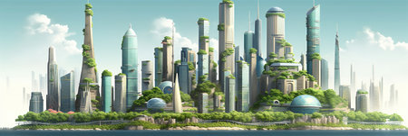 AI generated panoramic illustration of a futuristic city in cartoon style with tall buildings and lots of treesの素材