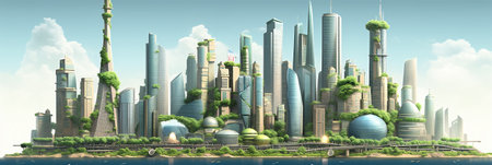 AI generated panoramic illustration of a futuristic city in cartoon style with tall buildings and lots of treesの素材
