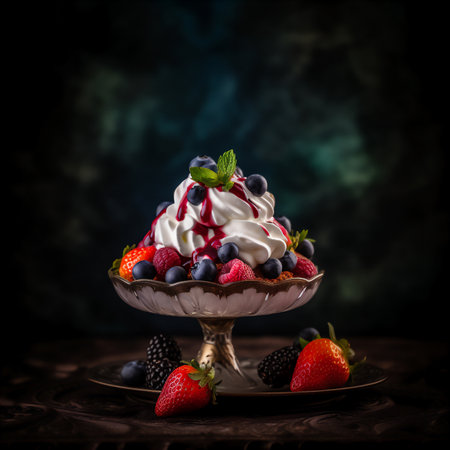 AI generative image of berries with whipped cream served on the table.の素材