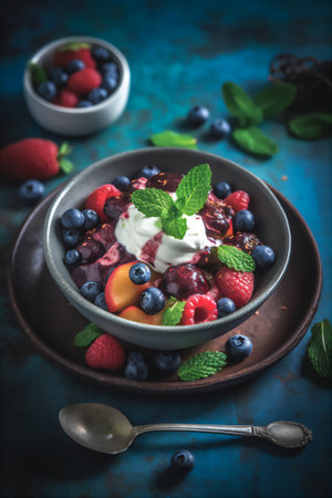 AI generative image of berries with whipped cream served on the table.の素材