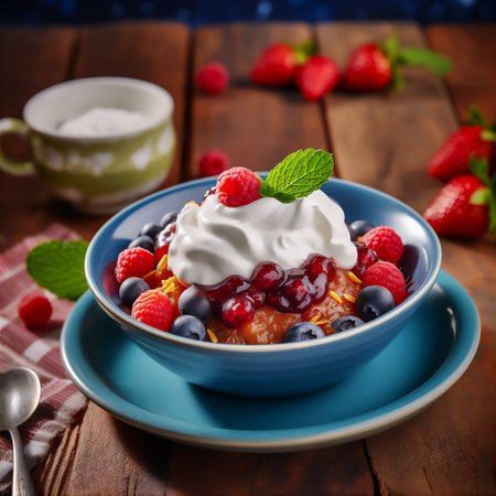 AI generative image of berries with whipped cream served on the table.の素材