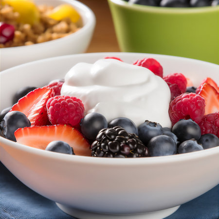 AI generative image of berries with whipped cream served on the table.の素材