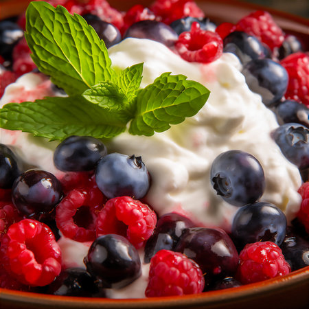 AI generative image of berries with whipped cream served on the table.の素材