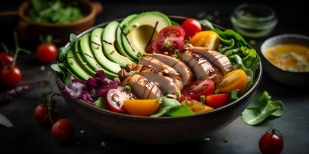 AI generative image of fresh colorful salad with meat, avocado and tomatoes in the bowlの素材