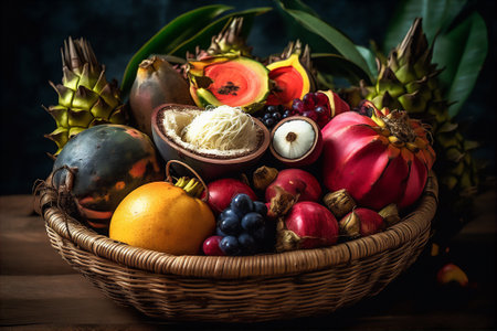 AI generative image of a basket filled with fresh mangosteens, dragon fruit and other tropical fruit on the wooden tableの素材