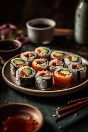 AI generative image of traditional japanese platter of sushi.の素材