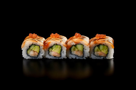 Close up ai generative image of sushi isolated on black background.の素材