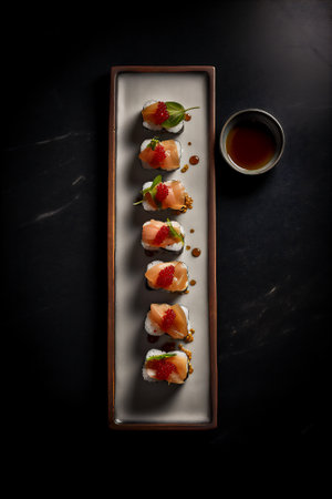 Top view ai generative image of sushi platter with soy sauce on dark background.の素材