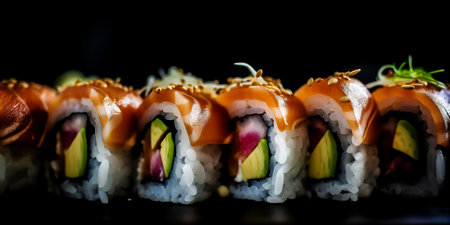 Close up ai generative image of sushi isolated on black background.の素材