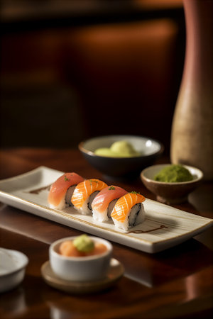 AI generative image of traditional japanese platter of sushi.の素材