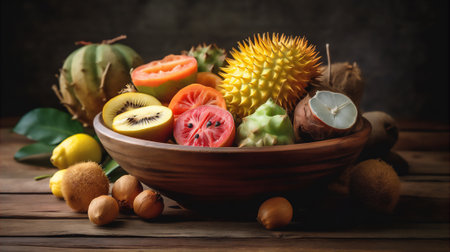 Bowl of exotic fruits of guava, rambutan and jackfruit on wooden table AI generative imageの素材
