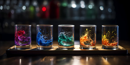 Set of unearthly cocktail shots with colourful turbulent liquor resting on the bar counter.の素材