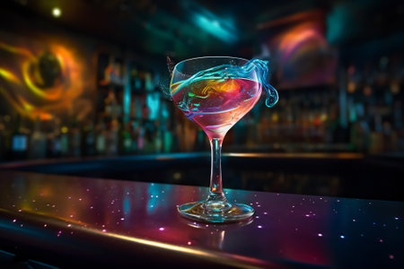 Bright cosmic cocktail in a tall glass on a bar top, with colorful turbulence, mixes realistic and fantastical elements, rainbowcore, dark orange and light blue. AI generated imageの素材