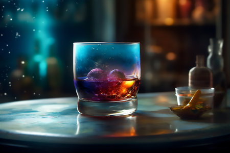 Bright cosmic cocktail in a tall glass on a bar top, with colorful turbulence, mixes realistic and fantastical elements, rainbowcore, dark orange and light blue. AI generated imageの素材