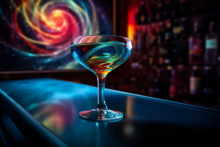 Bright cosmic cocktail in a tall glass on a bar top, with colorful turbulence, mixes realistic and fantastical elements, rainbowcore, dark orange and light blue. AI generated imageの素材