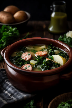 AI generative image of Caldo Verde served with shouricos - traditional portuguese soupの素材