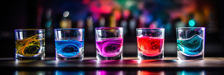 Set of unearthly cocktail shots with colourful turbulent liquor resting on the bar counterの素材