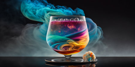 Bright cosmic cocktail in tall glass on bar top, with colorful turbulence, AI generatedの素材