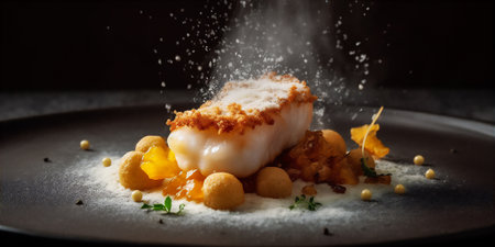 Molecular cuisine take on fish and chips with crispy potato foam and a sous-vide fish filetの素材