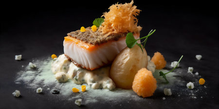Molecular cuisine take on fish and chips with crispy potato foam and a sous-vide fish filetの素材