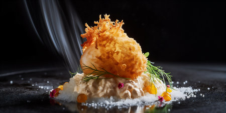 Molecular cuisine take on fish and chips with crispy potato foam and a sous-vide fish filetの素材