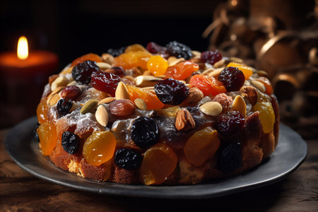 AI generated image of Bolo Rei - traditional portuguese Christmas cake made with dried fruitの素材
