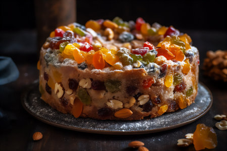 AI generated image of Bolo Rei - traditional portuguese Christmas cake made with dried fruitの素材