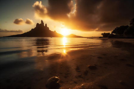 Calm waters of Bora Bora's Beach reflect the golden rays of the sun as it sets over the Ocean. AI generative imageの素材