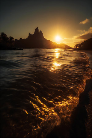 Calm waters of Bora Bora's Beach reflect the golden rays of the sun as it sets over the Ocean. AI generative imageの素材