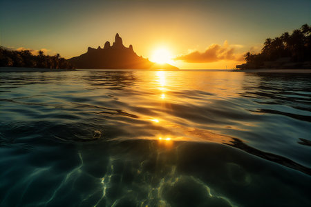 Calm waters of Bora Bora's Beach reflect the golden rays of the sun as it sets over the Ocean. AI generative imageの素材