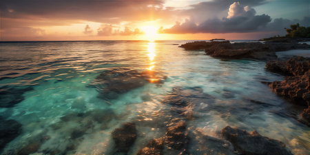 Crystal-clear turquoise waters of the Maldives island under the soft light of the setting sun. Ai generative imageの素材